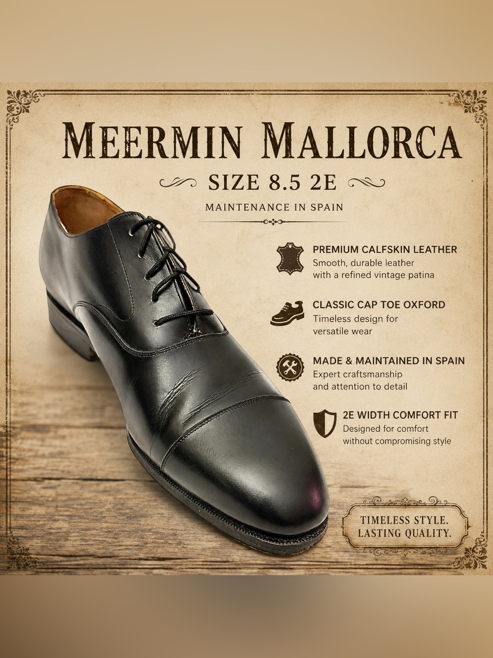 Meermin Mallorca Black Cap Toe Dress Oxford Shoes Men’s 8.5 2E Wide Dress